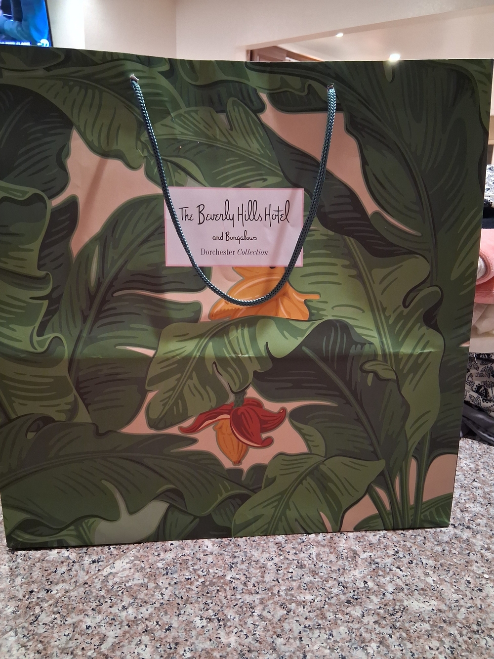 The Beverly Hills Hotel Green Botanical Paper Shopping Tote Bag.